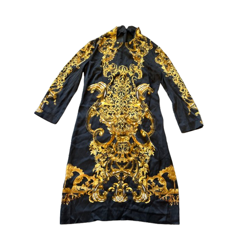 Just Cavalli Silk Baroque Black Gold Long Sleeve Elegant Cocktail Sheath Dress - Picture 10 of 13